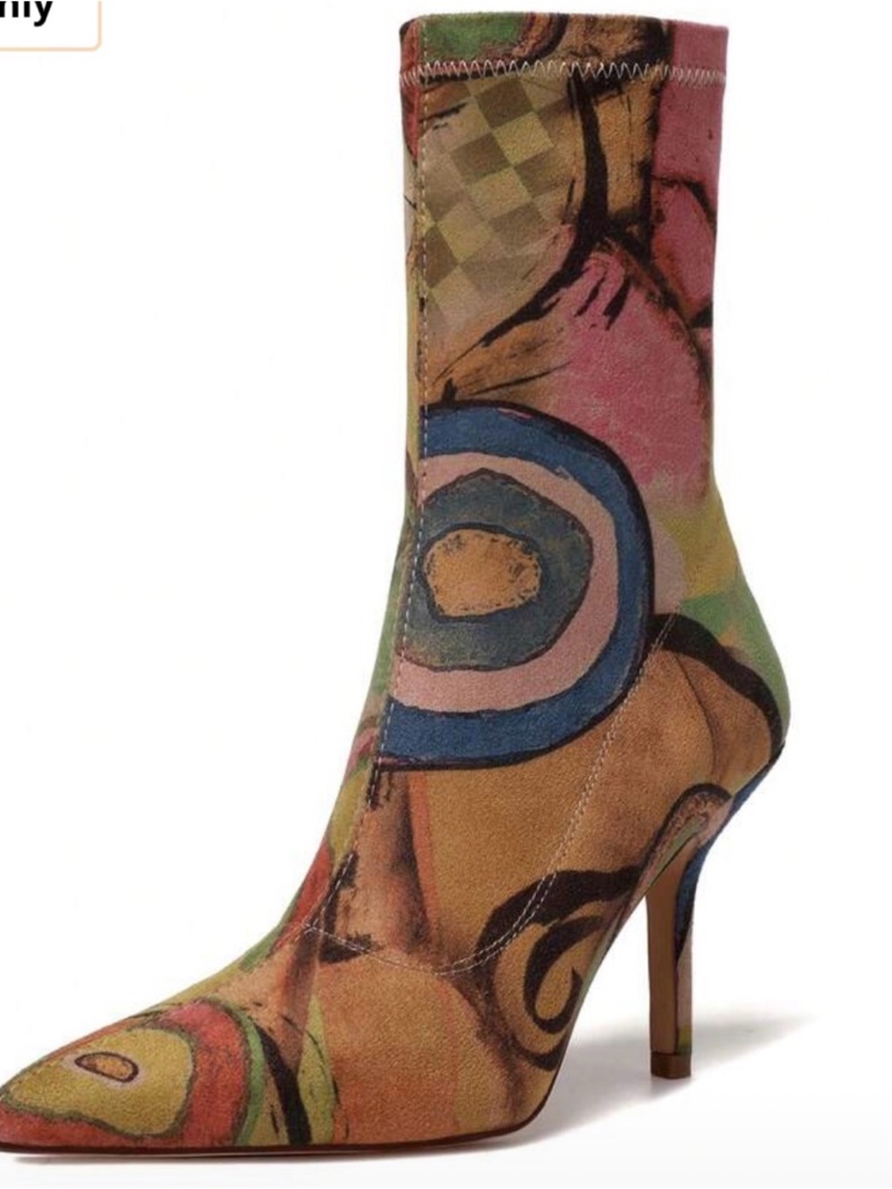 All Over Print Multicolor Abstract Pointed-Toe Stiletto Sock Bootie. - Picture 5 of 12